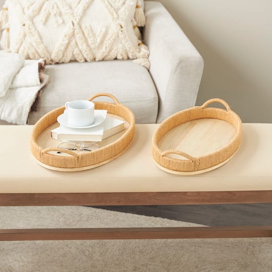 Brown Wood Tray with Wood Base Set